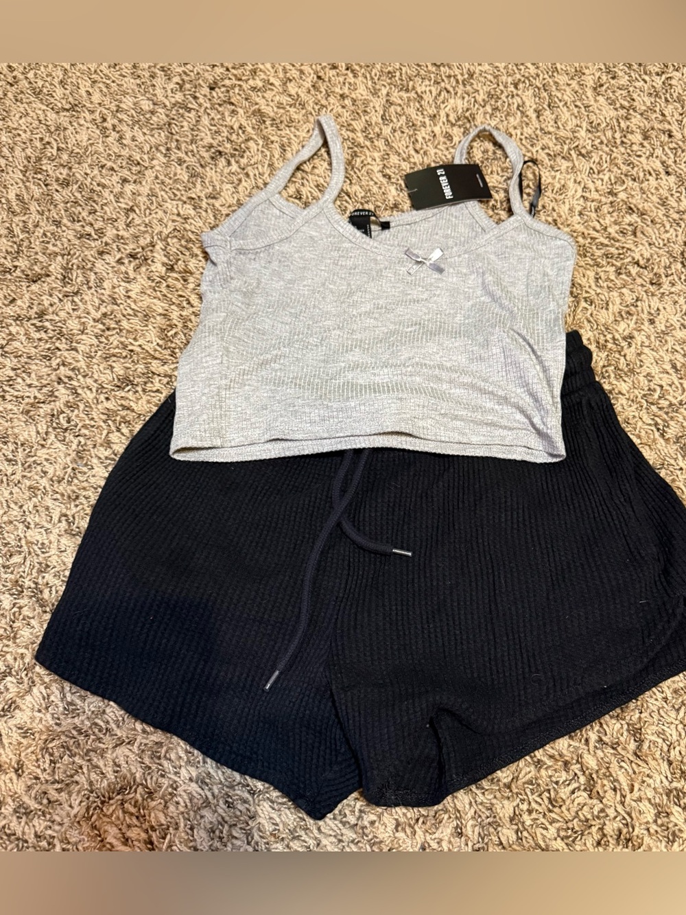 Forever 21 Cozy Ribbed Sleep Set - Gray Tank & Black Shorts